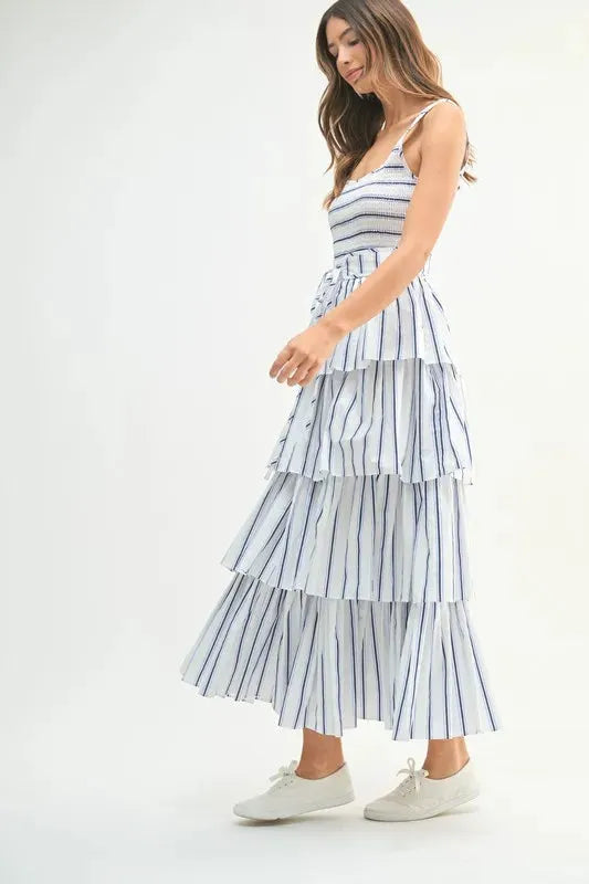 Pinstripe Smocked Bodice Layered Midi Dress – Chic & Versatile