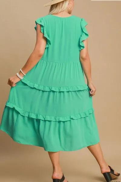 Ruffle Tiered Cap Sleeve Midi Dress