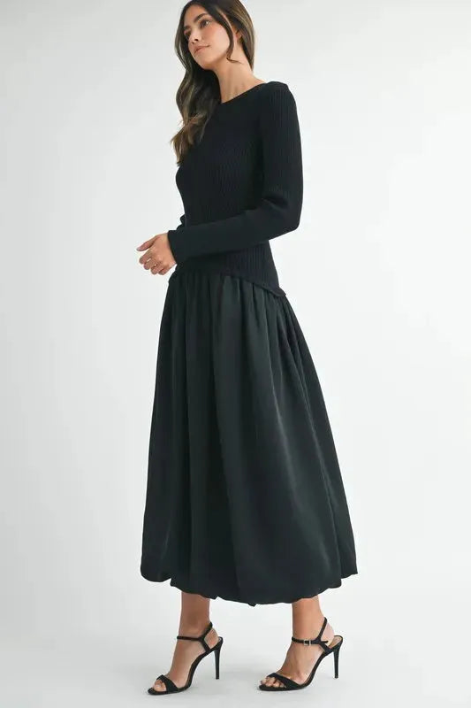 Black Ribbed Poplin Mix Midi Sweater Dress: Trendy and Versatile
