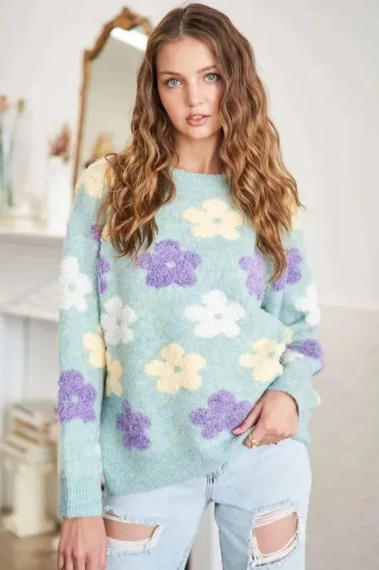 Floral 2-Tone Sweater: Chic Knitwear for Effortless Style and Versatility