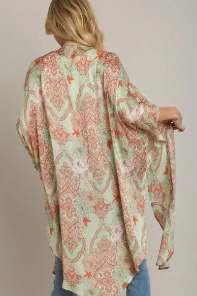 Multicolor Mixed Print Open Front Kimono with Ruffle Sleeves