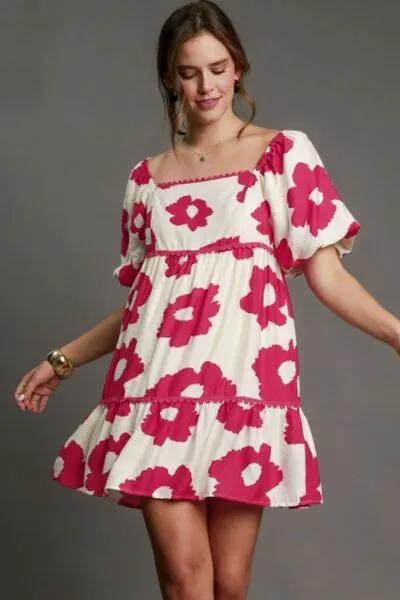 Contrast Floral Short Sleeve Deep Rose Mini Dress