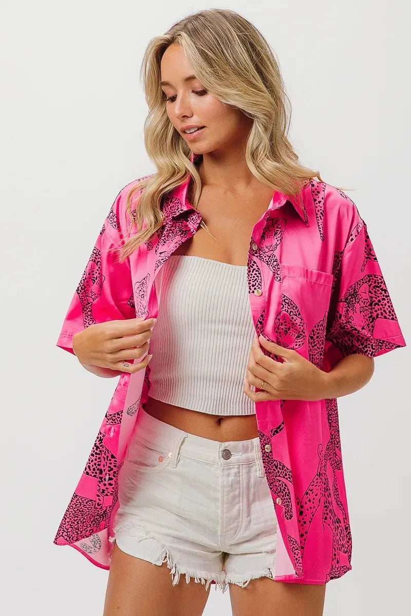 Fuchsia Leopard Print Satin Shirt Top – Trendy Women’s Fashion Statement