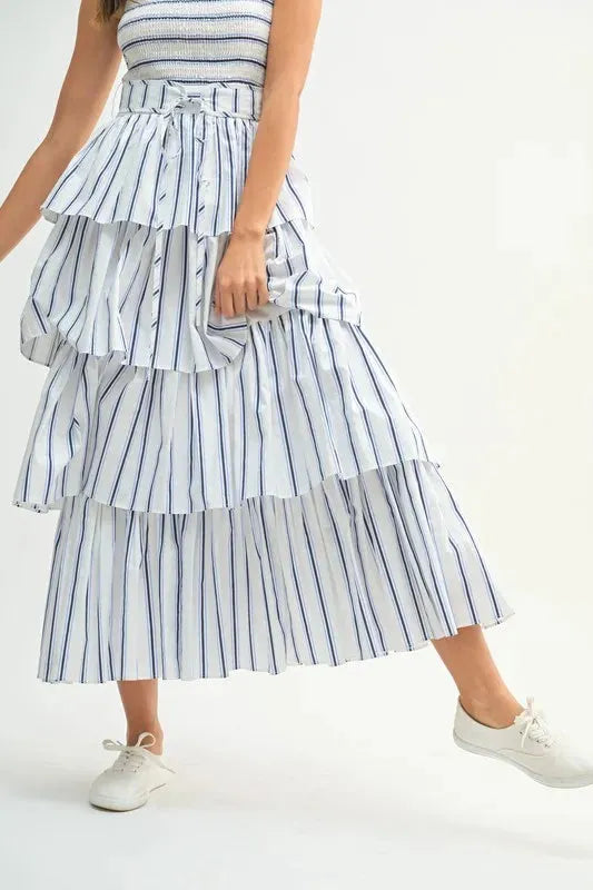 Pinstripe Smocked Bodice Layered Midi Dress – Chic & Versatile