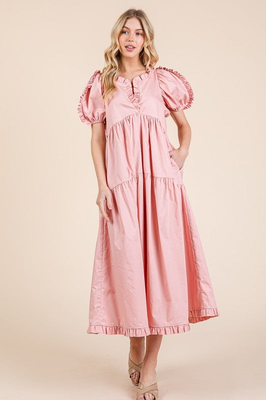 GeeGee Ruffle Trim Puff Sleeve Tiered Babydoll Midi Dress Trendsi