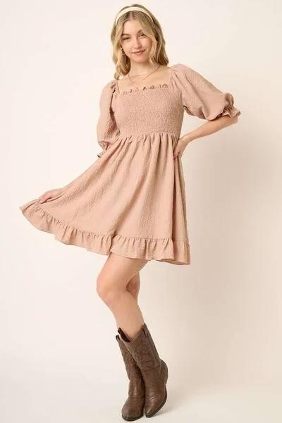 Taupe Smocked Ruffled Hem Half Sleeve Mini Dress: Your Go-To Pick for Chic and Easy Fashion