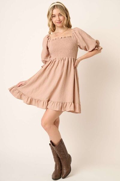 Taupe Smocked Ruffled Hem Half Sleeve Mini Dress: Your Go-To Pick for Chic and Easy Fashion Trendsi