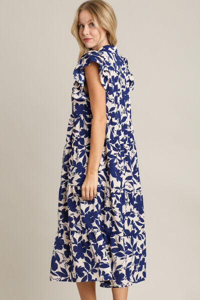 Floral Collared Ruffle Cap Sleeve Midi Dress Trendsi