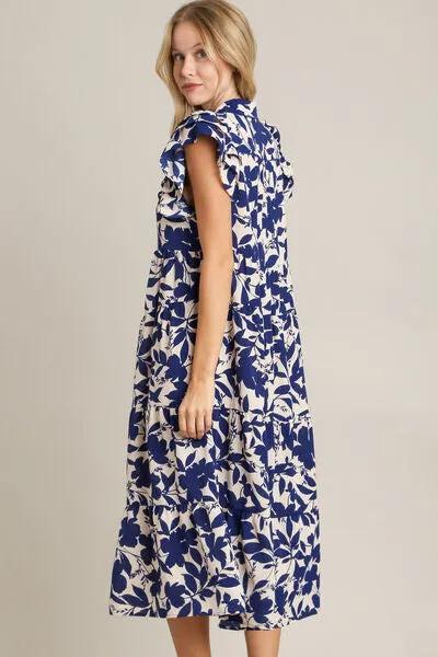 Floral Collared Ruffle Cap Sleeve Midi Dress