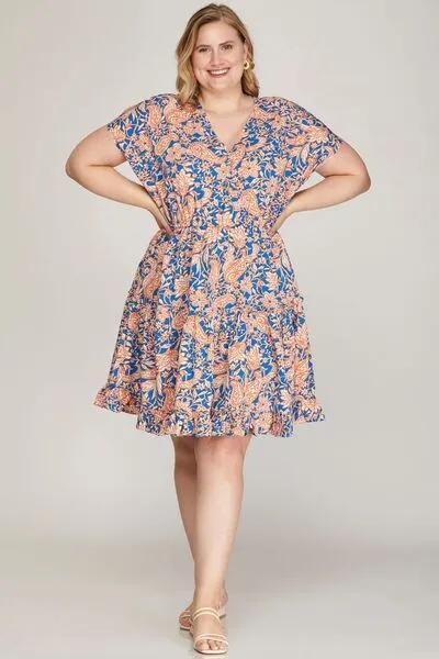 Ruffled Hem Printed Surplice Kimono Sleeve Mini Dress - Stylish and Chic