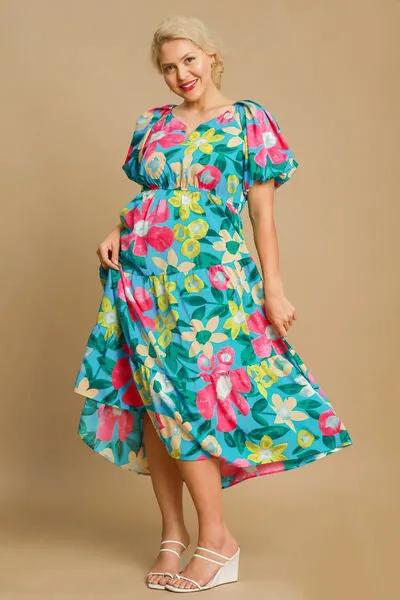 Stunning Tiered Multicolor Floral Midi Dress With Puff Sleeves - Perfect for Spring/Summer Occasion