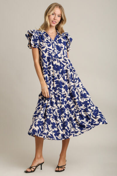 Floral Collared Ruffle Cap Sleeve Midi Dress Trendsi