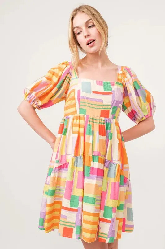 Square Neck Puff Sleeve Geo Printed Mini Dress – Bold, Modern Statement Style