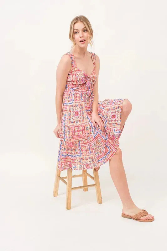 Boho Printed Dress with Tied Front and Tiered Skirt