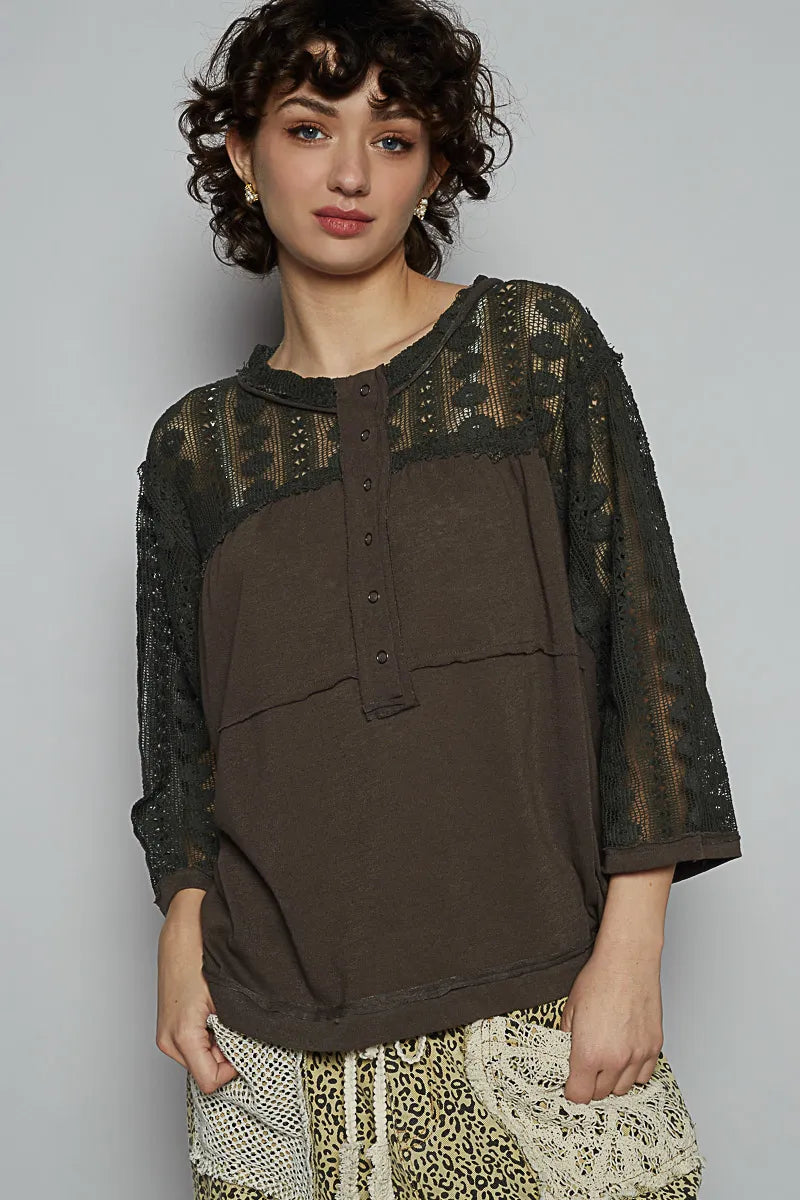 POL Lace Patchwork Button Front T-Shirt