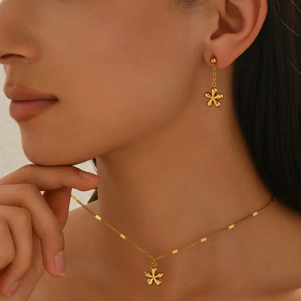 Flower Necklace Earrings Set – Polished Stainless Steel, Nickel Free, Mirror Finish Jewelry