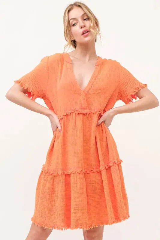 Washed Frayed Detail Tiered Orange Dress – Effortless, Trendy Everyday Style