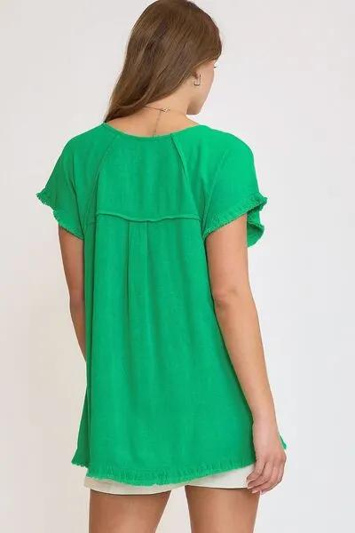 Seam Detail Linen Ruffle Fringe Edge Green Top – Stylish Comfort Now!