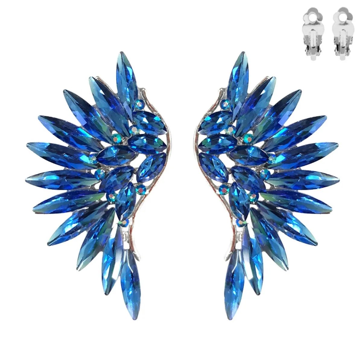 Royal Blue Rhinestone Wing Shaped Clip On Earrings in Silver Metal - Bold Statement Jewelry