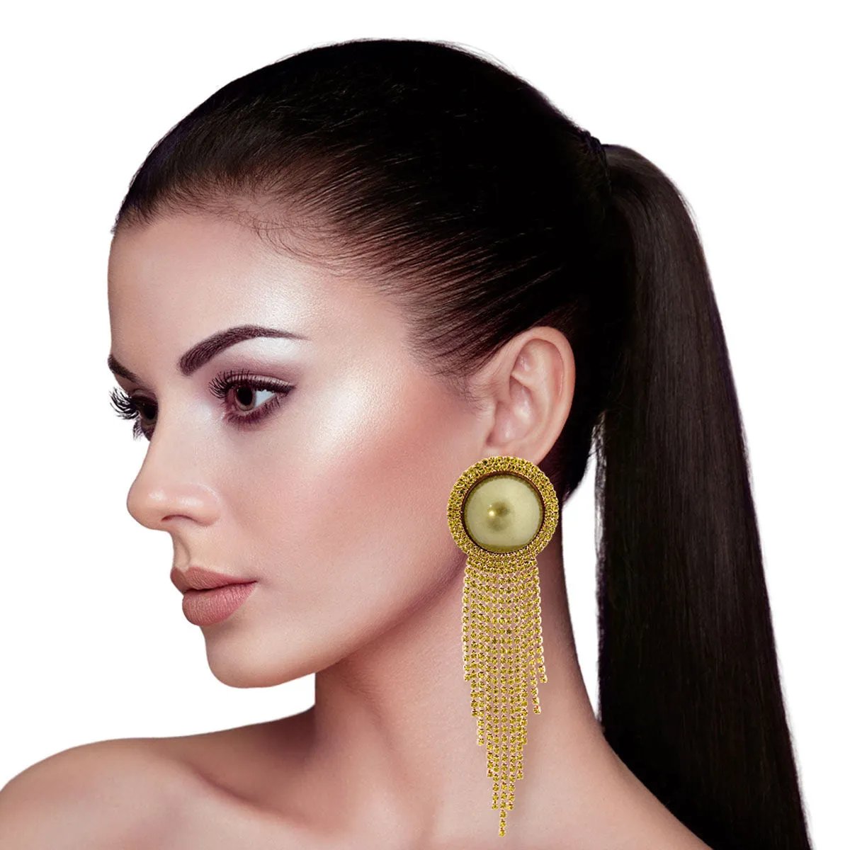 Gold Tone Clip-On Earrings Olive Faux Pearl & Rhinestone Fringe | Fashion Jewelry