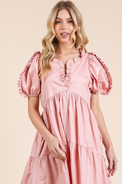 GeeGee Ruffle Trim Puff Sleeve Tiered Babydoll Midi Dress Trendsi