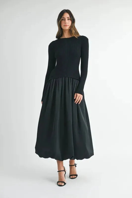 Black Ribbed Poplin Mix Midi Sweater Dress: Trendy and Versatile