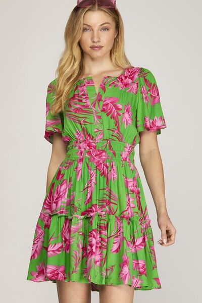 Printed Frill Tiered Dress with Notched Sleeves – Trendy and Timeless Trendsi