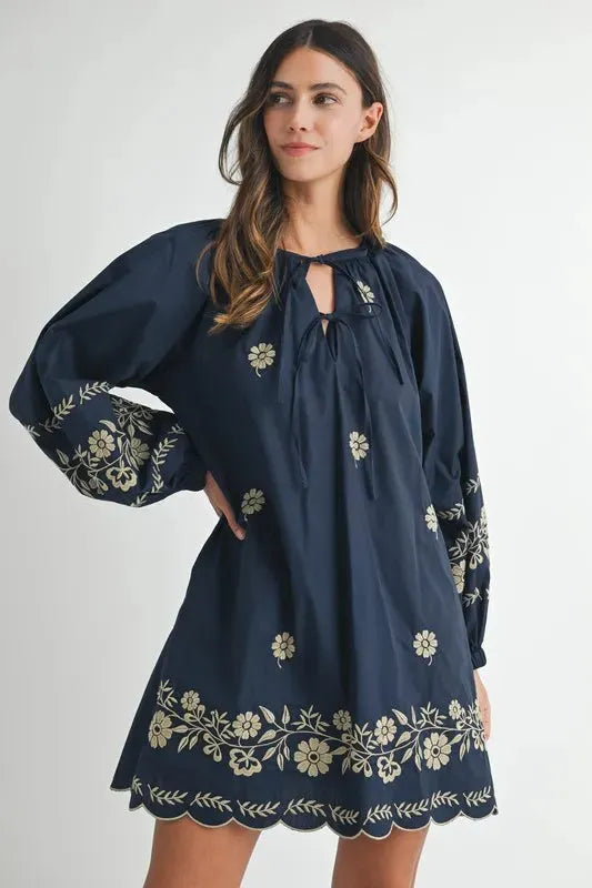 Embroidered Long Sleeve Peasant Mini Dress: Boho Elegance Redefined