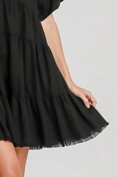 Raw Hem Folded Sleeve Tiered Dress