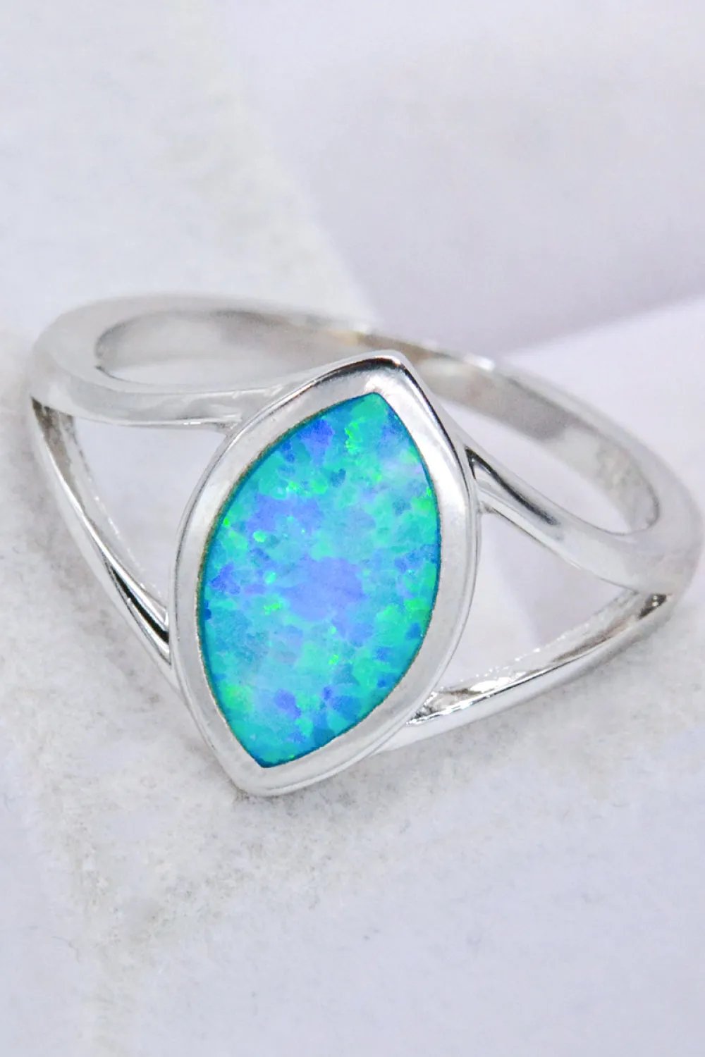 Platinum-Plated Sterling Silver Opal Ring with Split Shank Design