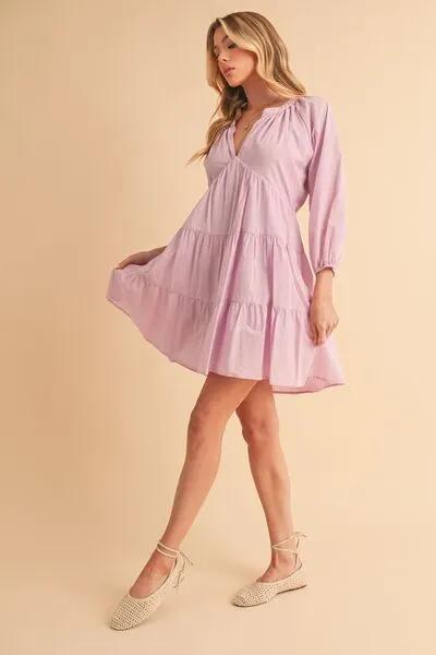 Lilac Notched Balloon Sleeve Tiered Mini Dress