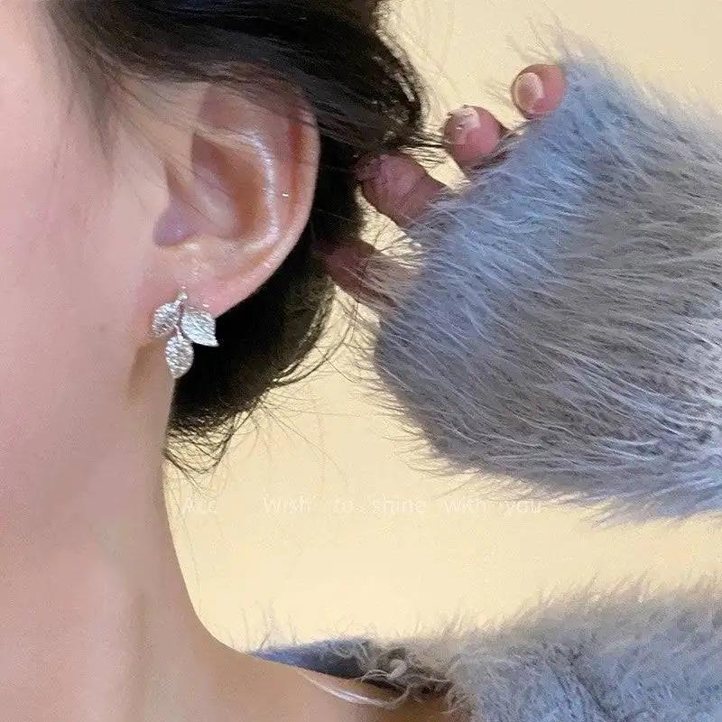 Leaf Stud Earrings – Gold or Silver Finish, Micro Pavé Rhinestone, Dainty Women’s Fashion Jewelry