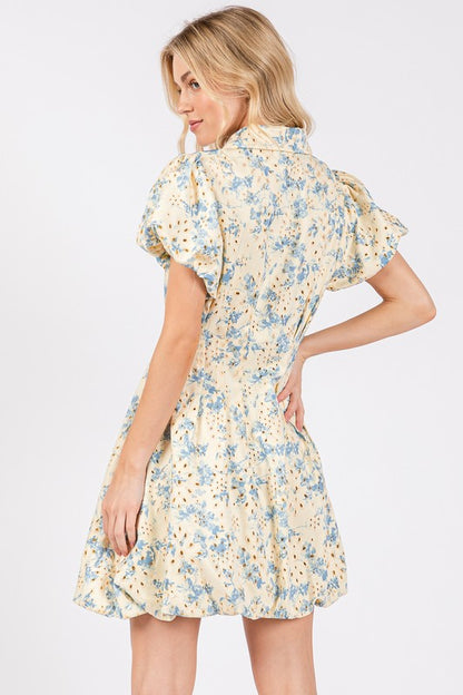 GeeGee Floral Eyelet Zipper Front Puff Sleeve Mini Dress Trendsi