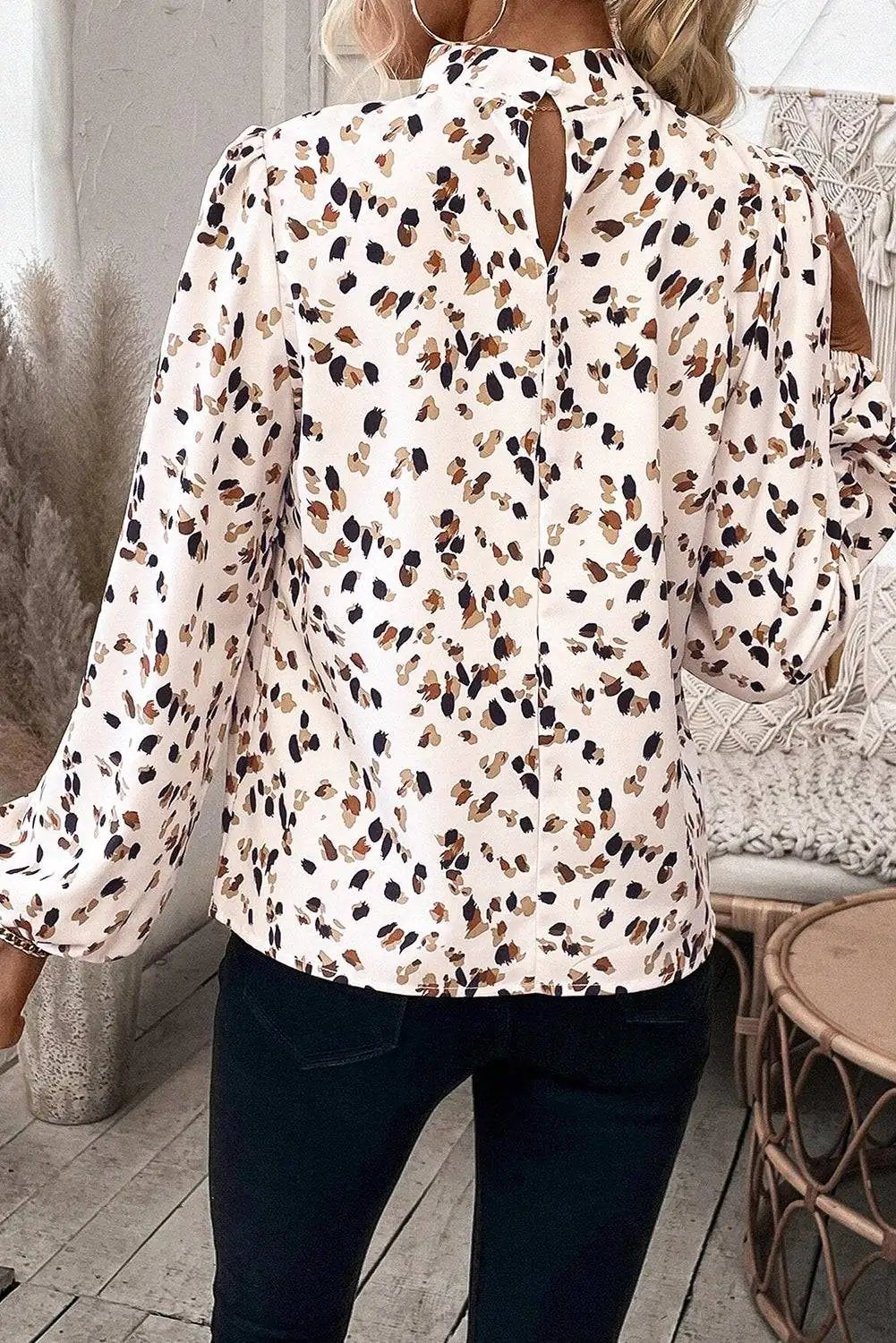 Leopard Print Puff Sleeve Mock Neck Blouse with Pleated Detail – Black or White