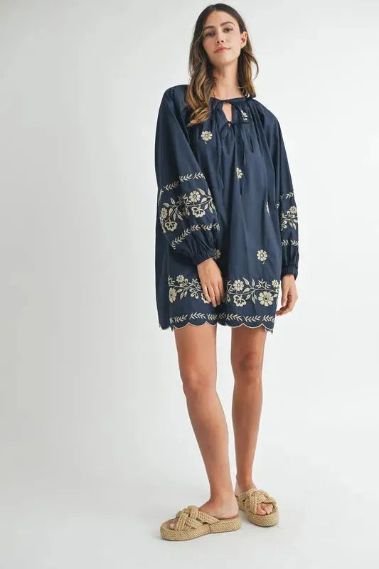 Embroidered Long Sleeve Peasant Mini Dress: Boho Elegance Redefined