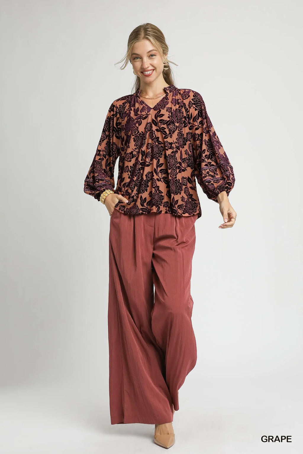 Umgee Floral Velvet Blouse with Balloon Sleeves