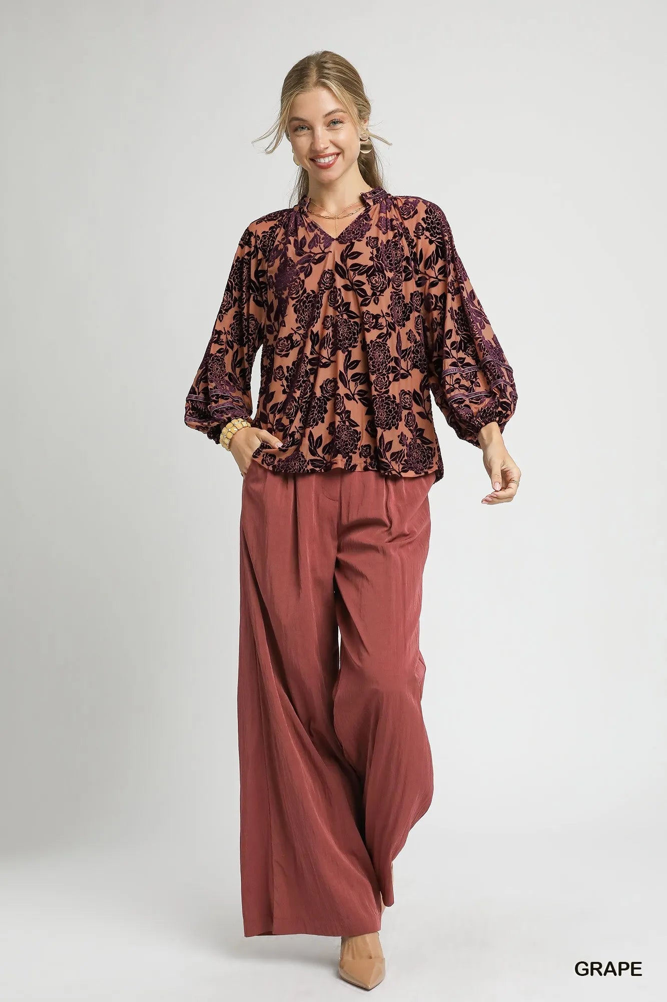 Umgee Floral Velvet Blouse with Balloon Sleeves