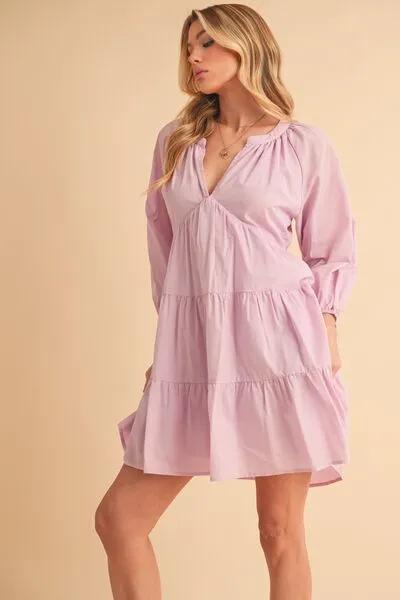 Lilac Notched Balloon Sleeve Tiered Mini Dress