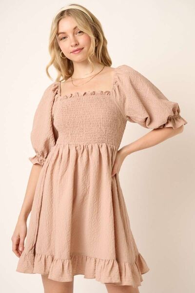 Taupe Smocked Ruffled Hem Half Sleeve Mini Dress: Your Go-To Pick for Chic and Easy Fashion Trendsi