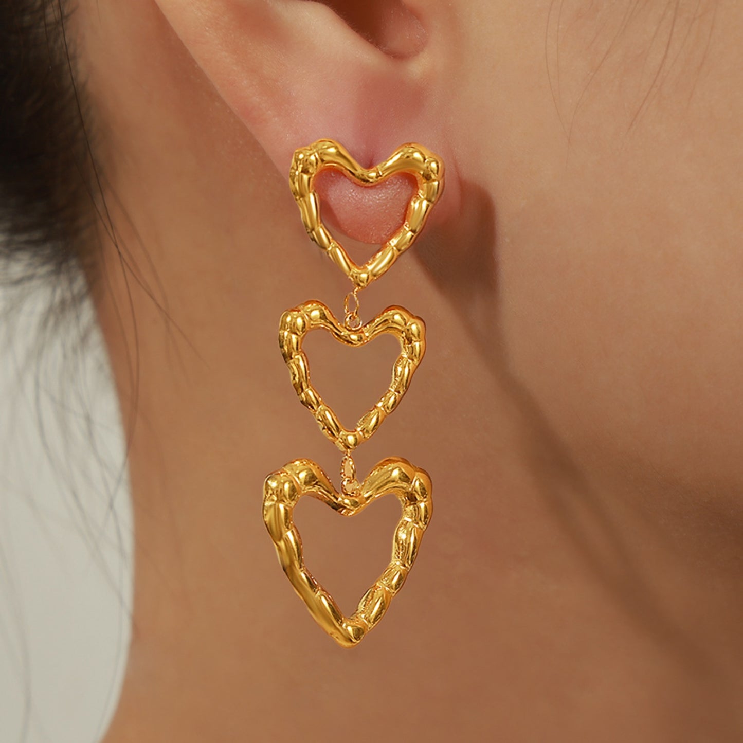 Triple Heart Dangle Earrings Silver & Gold Tone Option