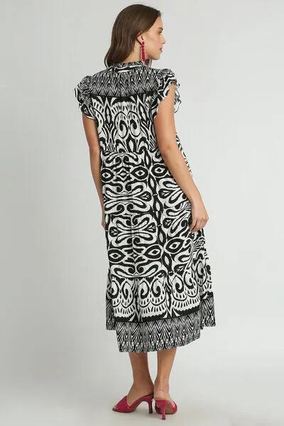 Two Tone Border Print Ruffle Cap Sleeve Midi Dress