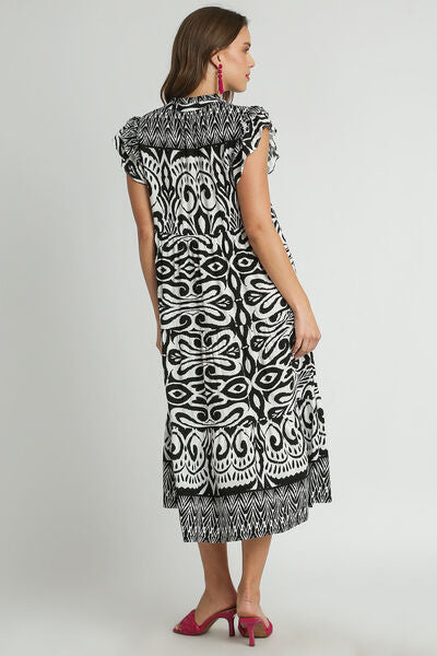 Two Tone Border Print Ruffle Cap Sleeve Midi Dress Trendsi