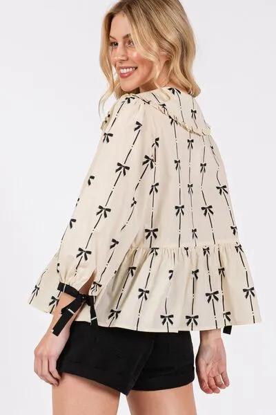 Chic Bow Print Tie Front Babydoll Cream Blouse You'll Love Wearing