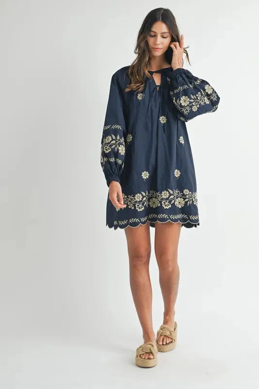 Embroidered Long Sleeve Peasant Mini Dress: Boho Elegance Redefined