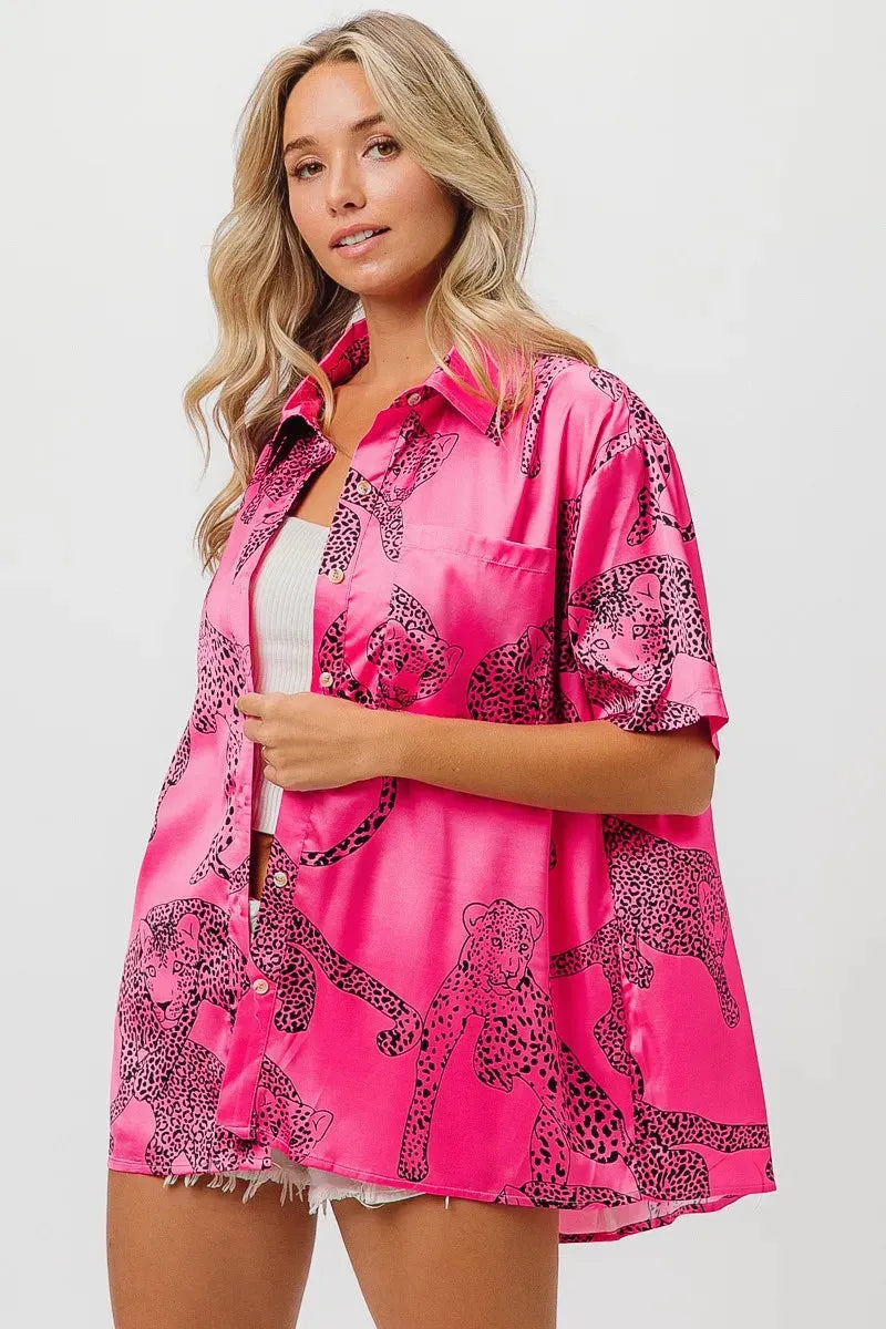 Fuchsia Leopard Print Satin Shirt Top – Trendy Women’s Fashion Statement