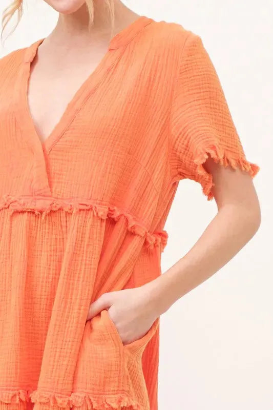 Washed Frayed Detail Tiered Orange Dress – Effortless, Trendy Everyday Style