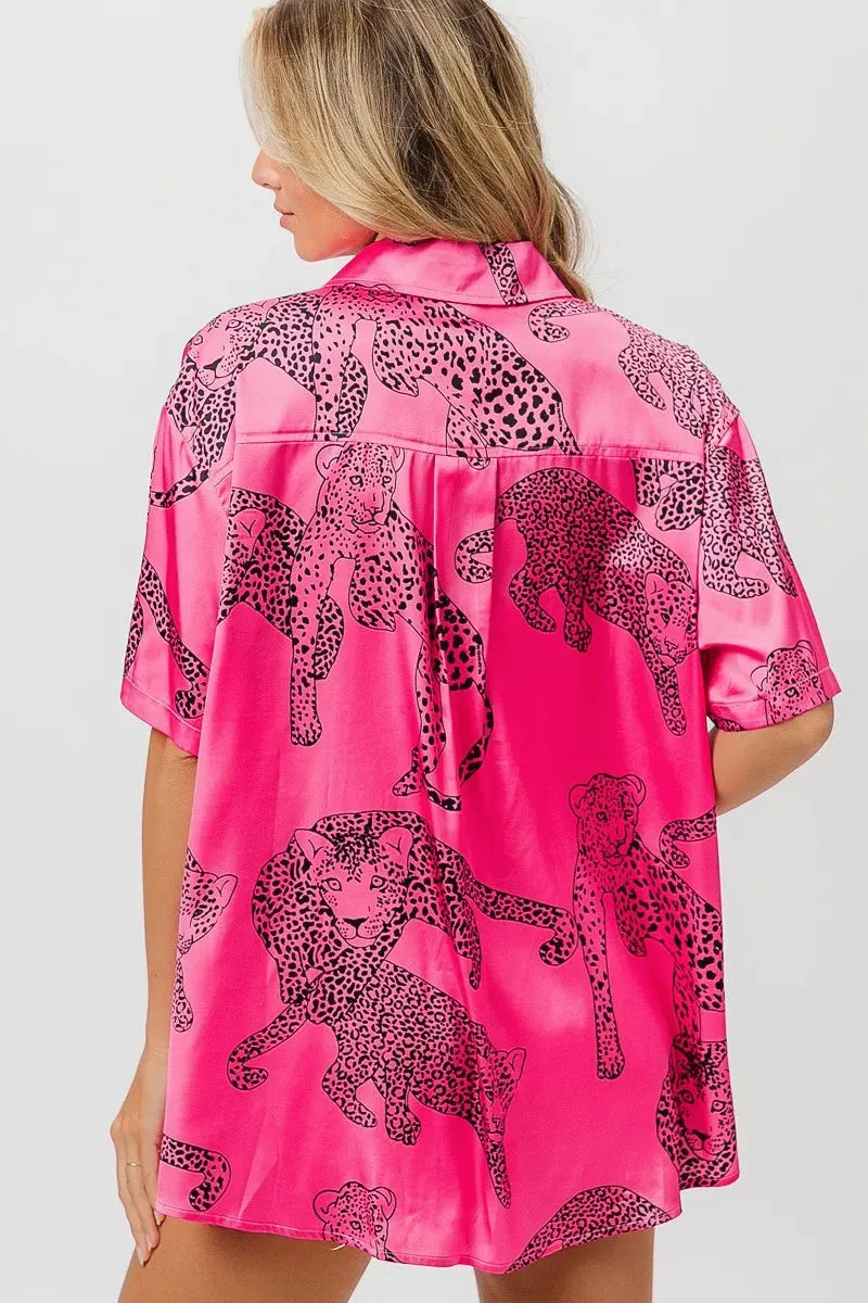 Fuchsia Leopard Print Satin Shirt Top – Trendy Women’s Fashion Statement