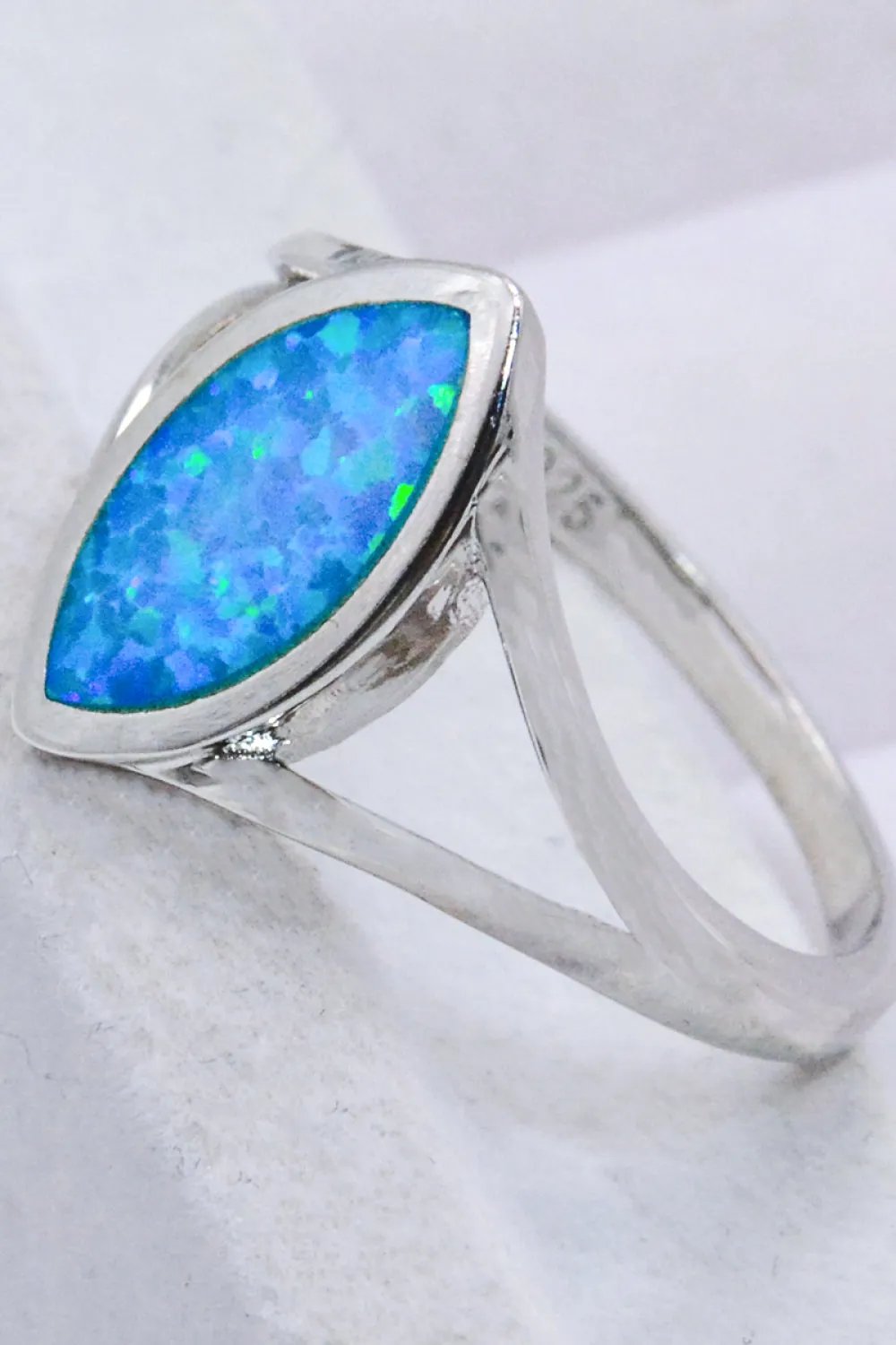 Platinum-Plated Sterling Silver Opal Ring with Split Shank Design