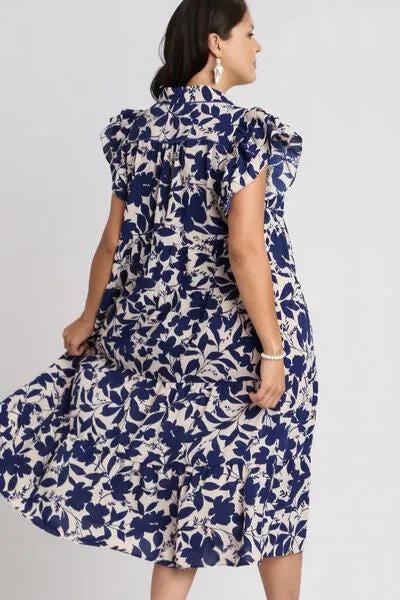 Floral Collared Ruffle Cap Sleeve Midi Dress