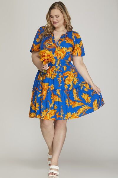 Printed Notched Short Sleeve Frill Tiered Dress in Royal Blue – Your Go-To Summer Look Trendsi